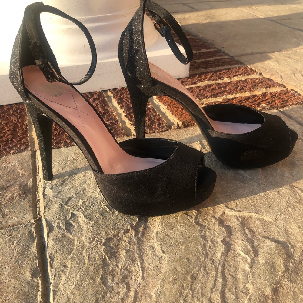 Black satin and glitter ankle strap platform heels